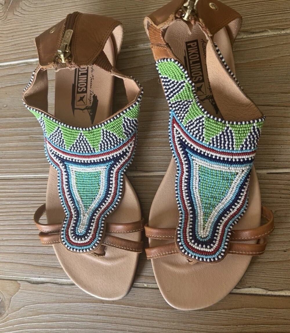 PIKOLINOS Alcudias Maasai Beaded Leather Flat Sandals Spain Size 39 8.5 - 9 EUC